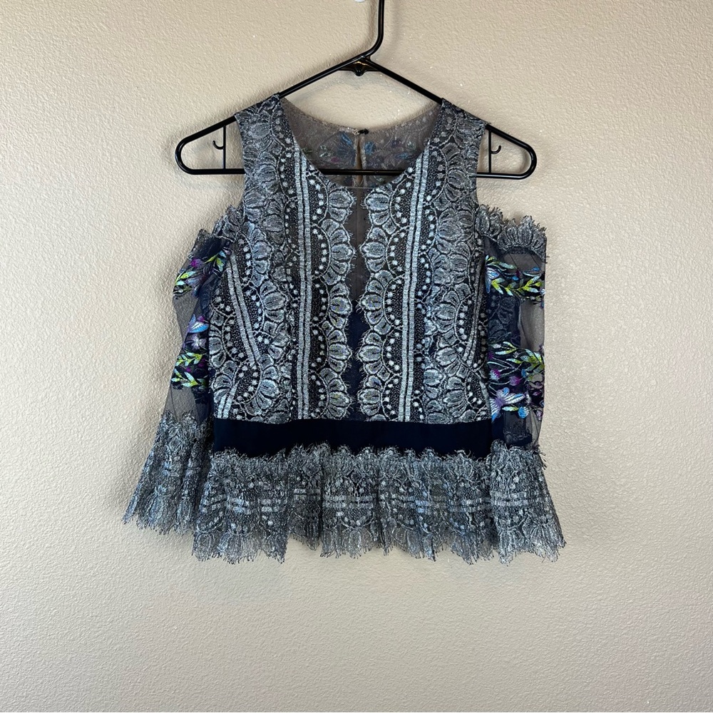 Marchesa Notte Floral Lace Peplum Top - Picture 3 of 16